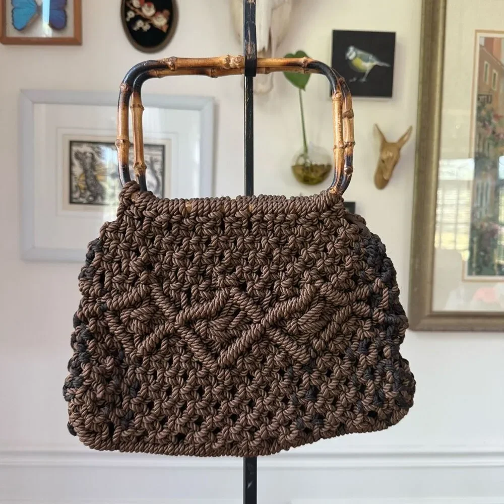 Vintage 70s Macrame Bamboo Handled Satchel Hand Bag Purse Brown